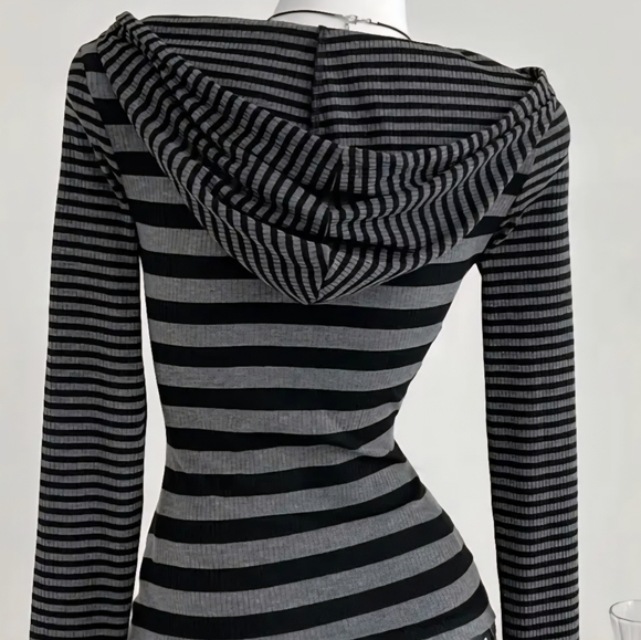 Striped Gothic Y2k-style Women's Hoodie Top - Picture 2 of 4